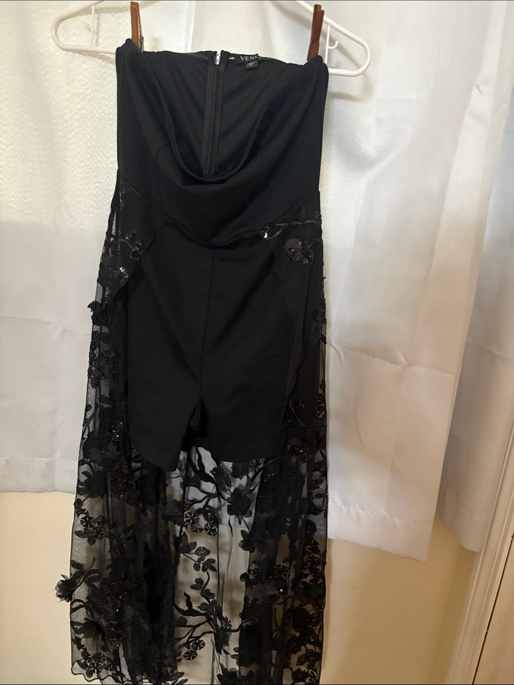 Black Strapless Lace Overlay Evening romper